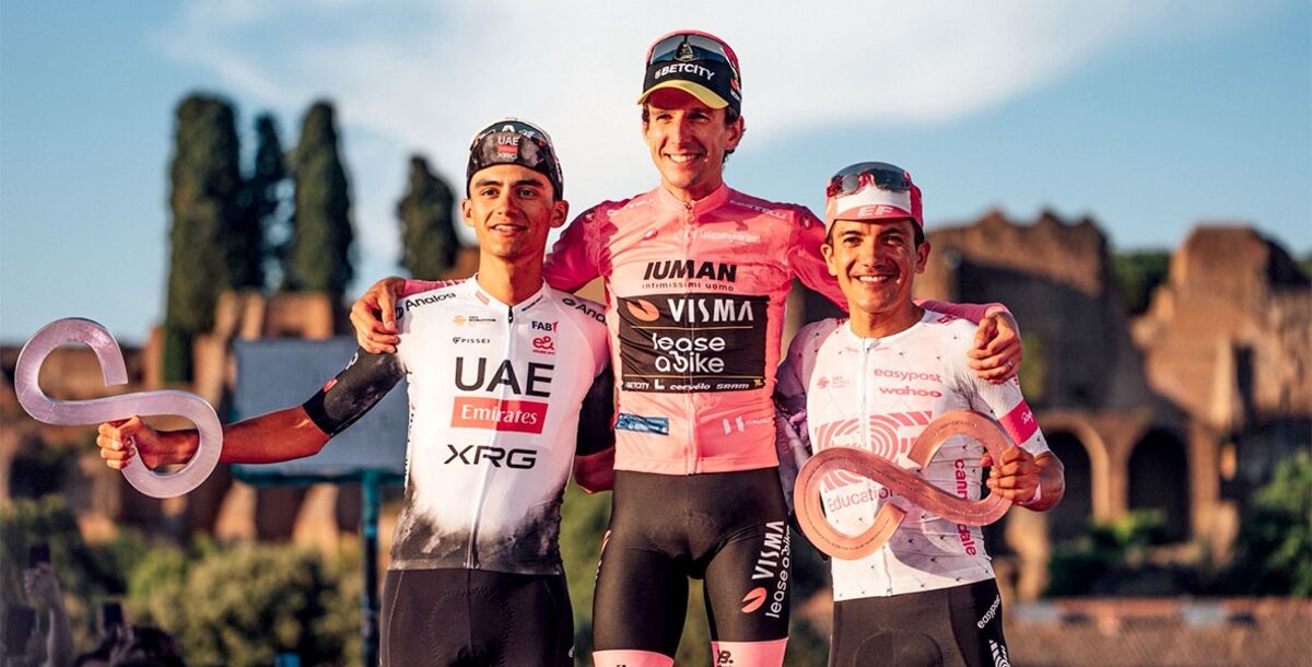 Ciclismo, Giro de Italia, Isaac Del Toro, Simon Yates, Richard Carapaz, Olav Kooij, etapa 21, maglia rosa, podio, papa León XIV